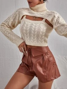 SHEIN BAE 麻花編織吊帶上衣和高領超短版套頭毛衣 - 杏色 - 查看 5