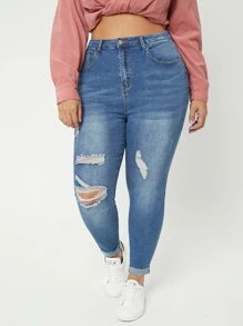 SHEIN Essnce Quần Denim kích thước lớn Túi Bị tách Dây kéo Nút phía trước màu trơn - Rửa trung bình - Xem 1