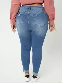 SHEIN Essnce Quần Denim kích thước lớn Túi Bị tách Dây kéo Nút phía trước màu trơn - Rửa trung bình - Xem 2