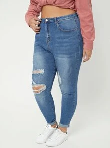 SHEIN Essnce Quần Denim kích thước lớn Túi Bị tách Dây kéo Nút phía trước màu trơn - Rửa trung bình - Xem 3