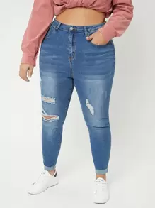 SHEIN Essnce Quần Denim kích thước lớn Túi Bị tách Dây kéo Nút phía trước màu trơn - Rửa trung bình - Xem 4