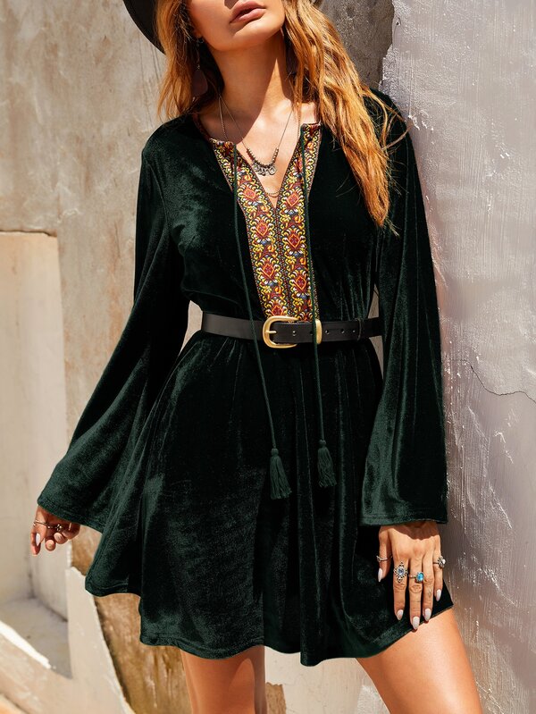 Rusttydustty Embroidery Detail Tassel Tie Front Velvet A-Line Dress Without Belt