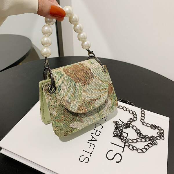 

Mini Floral Graphic Faux Pearl Decor Satchel Bag, Green
