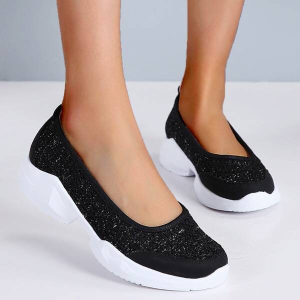 

Knit Detail Slip On Sneakers, Black and white