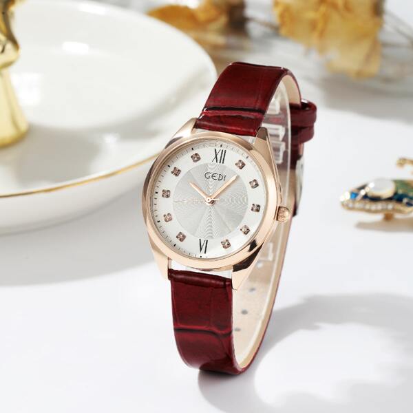 

Rhinestone Decor Round Pointer Quartz Watch
