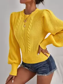 SHEIN Privé Áo len nữ màu trơn Giải trí - Màu vàng - Xem 3