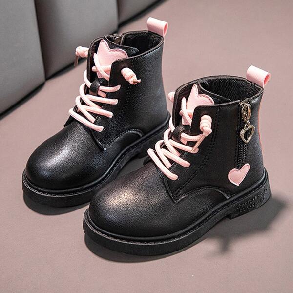 

Girls Heart Graphic Lace-up Front Boots, Black