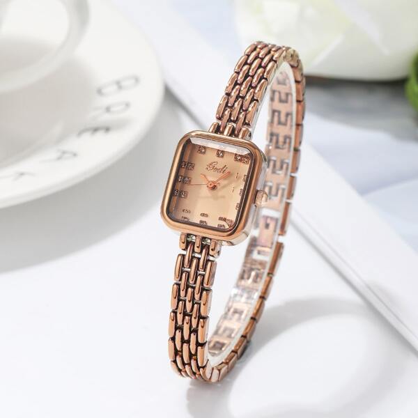 

Rhinestone Decor Square Pointer Quartz Watch