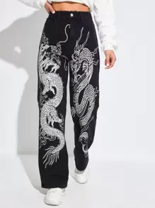 SHEIN EZwear Chinese Dragon Print Jeans - Black - View 1