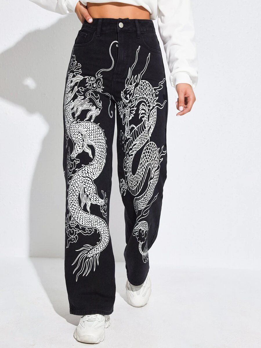 SHEIN EZwear Chinese Dragon Print Jeans - Black - View 1