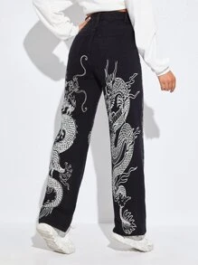 SHEIN EZwear Chinese Dragon Print Jeans - Black - View 2