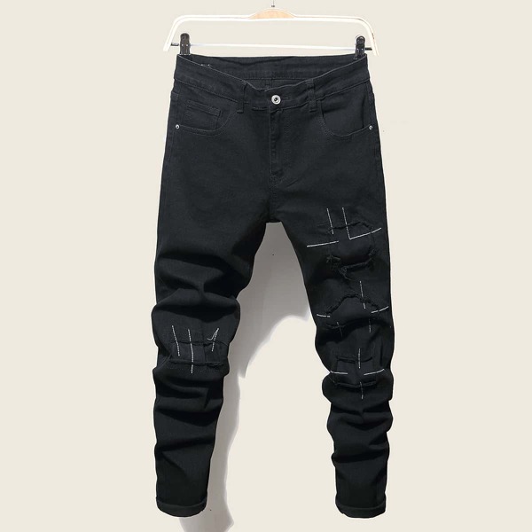 

Men Top-stitching Frayed Skinny Jeans, Black