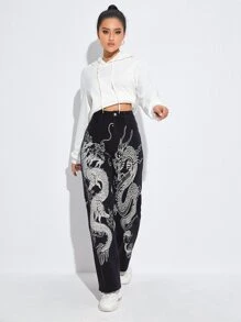 SHEIN EZwear Chinese Dragon Print Jeans - Black - View 5