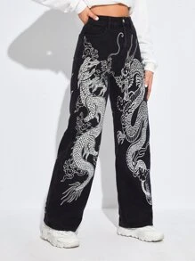 SHEIN EZwear Chinese Dragon Print Jeans - Black - View 6