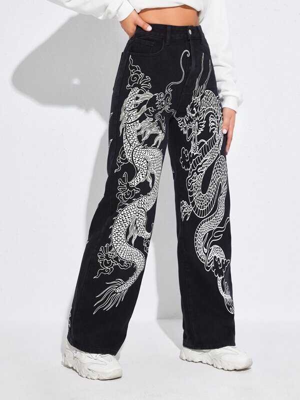 SHEIN EZwear Chinese Dragon Print Jeans SHEIN USA