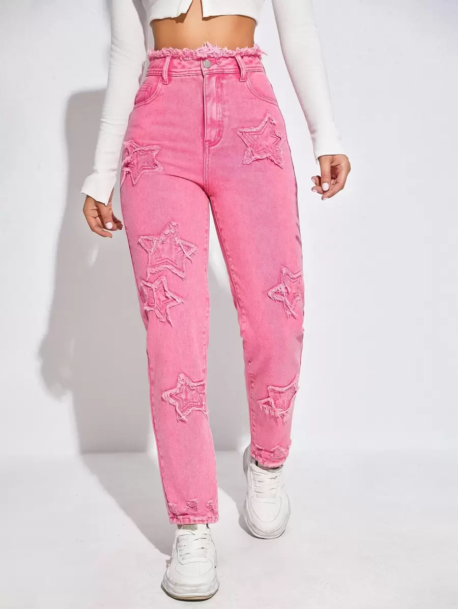 Jeans de talle alto con estrella con parche - Rosa - Ver 1
