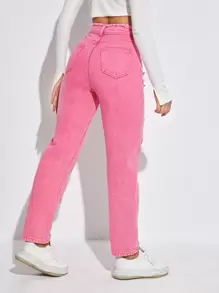 Jeans de talle alto con estrella con parche - Rosa - Ver 2