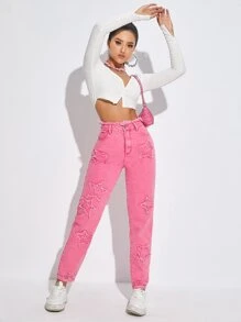 Jeans de talle alto con estrella con parche - Rosa - Ver 3