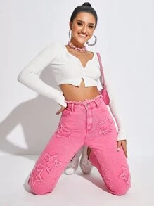 Jeans de talle alto con estrella con parche - Rosa - Ver 4