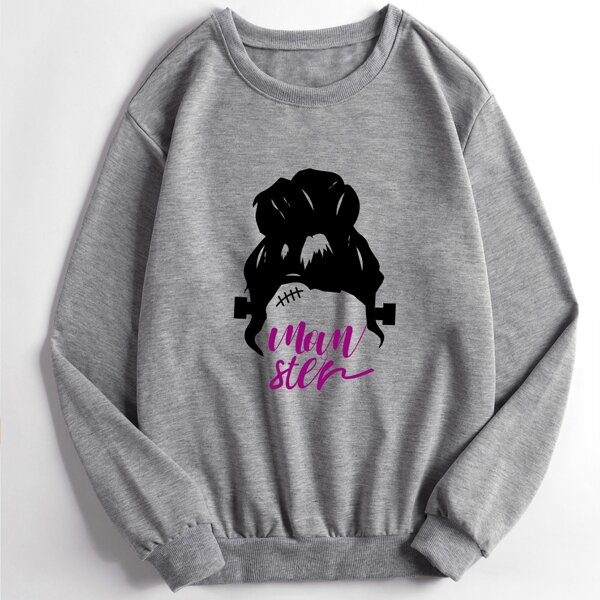 

1pc Letter And Figure Graphic Pullover, Grey