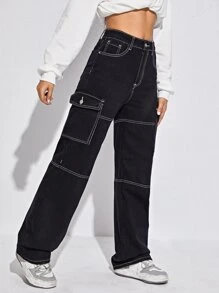 SHEIN EZwear High Waist Flap Pocket Whip Stitch Jeans - Black - View 3