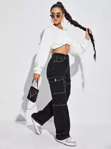 SHEIN EZwear High Waist Flap Pocket Whip Stitch Jeans - Black - View 4