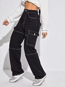 SHEIN EZwear High Waist Flap Pocket Whip Stitch Jeans - Black - View 5