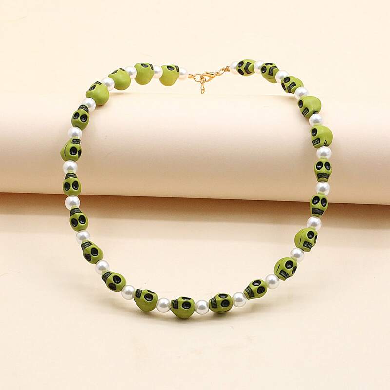 

Skull Decor Beaded Necklace, Green