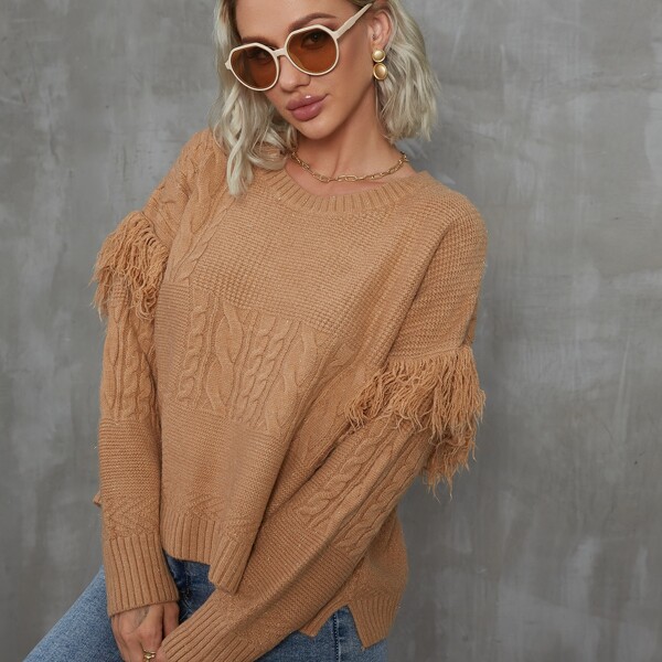 

Cable Knit Drop Shoulder Fringe Trim Sweater, Camel