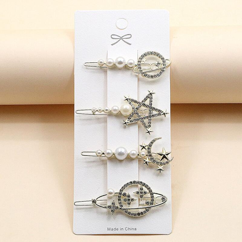 

4pcs Rhinestone Star & Moon Hair Clip, Gold