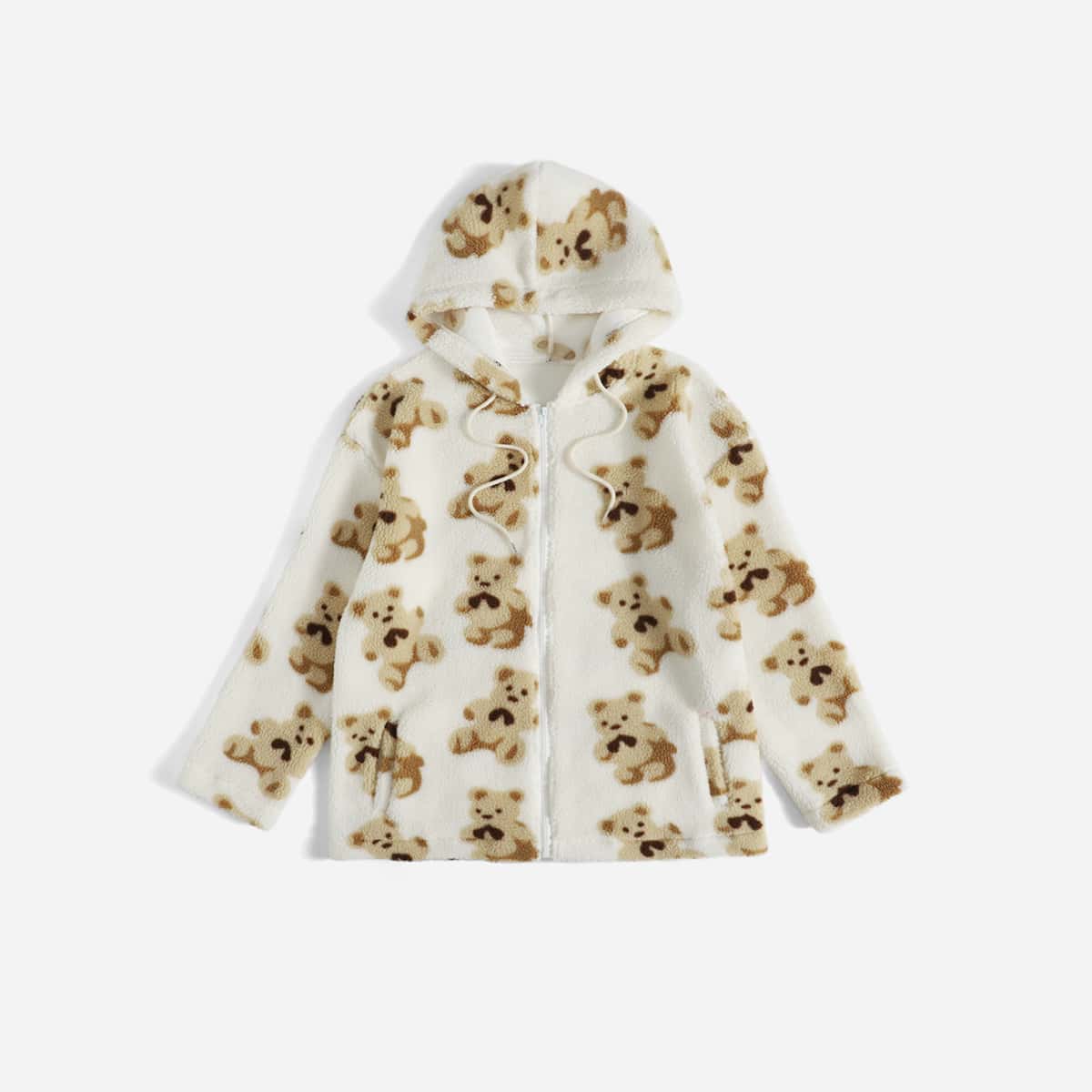 

Cartoon Bear Pattern Zip Up Teddy Coat, Multicolor
