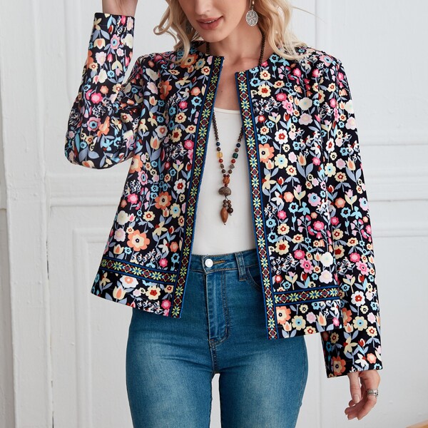 

Floral Print Open Front Coat, Multicolor