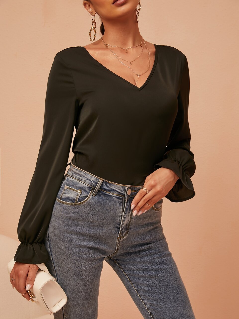 Contrast Lace V Neck Backless Flounce Sleeve Blouse