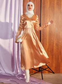 Mulvari Vestido unicolor de manga fruncido de satén - Naranja - Ver 1