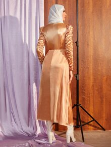 Mulvari Vestido unicolor de manga fruncido de satén - Naranja - Ver 2