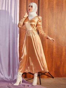 Mulvari Vestido unicolor de manga fruncido de satén - Naranja - Ver 4