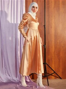 Mulvari Vestido unicolor de manga fruncido de satén - Naranja - Ver 5