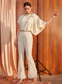 Seusyu 肩部打結不對稱蝙蝠袖上衣 - 香檳色 - 查看 4