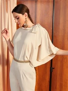 Seusyu 肩部打結不對稱蝙蝠袖上衣 - 香檳色 - 查看 5