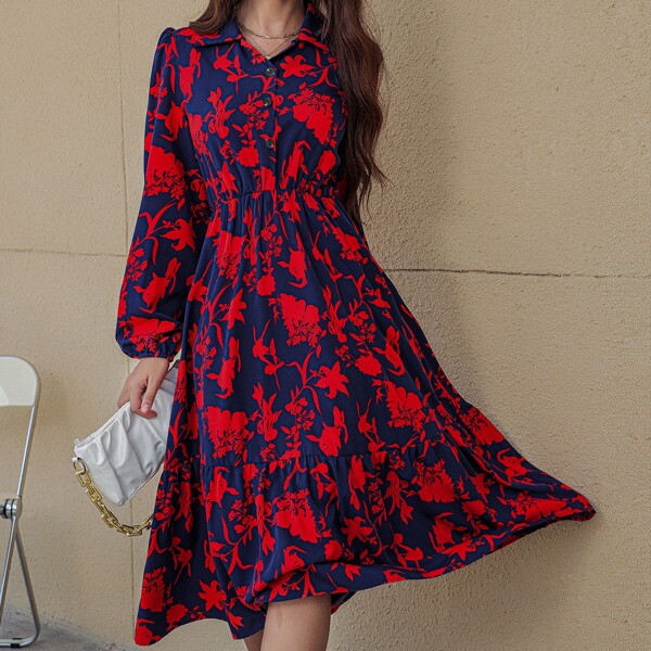 

Allover Floral Print Half Button Bishop Sleeve Dress, Multicolor