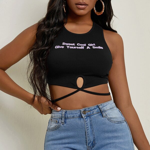 

Slogan Graphic Ribbed Knit Crop Tank Top, Black
