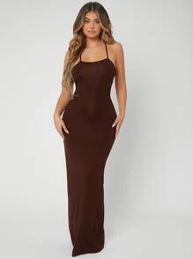 SHEIN SXY Crisscross Tied Backless Bodycon Dress - Coffee Brown - View 2