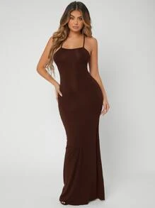 SHEIN SXY Crisscross Tied Backless Bodycon Dress - Coffee Brown - View 3