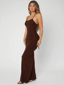 SHEIN SXY Crisscross Tied Backless Bodycon Dress - Coffee Brown - View 5