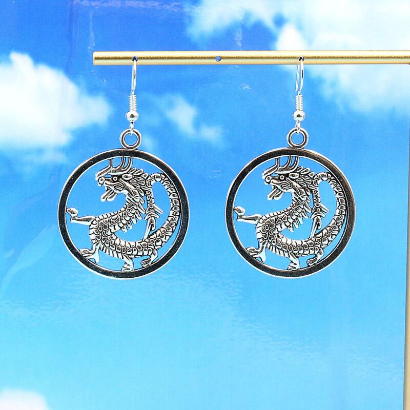 

Dragon Design Drop Earrings, Antique silver