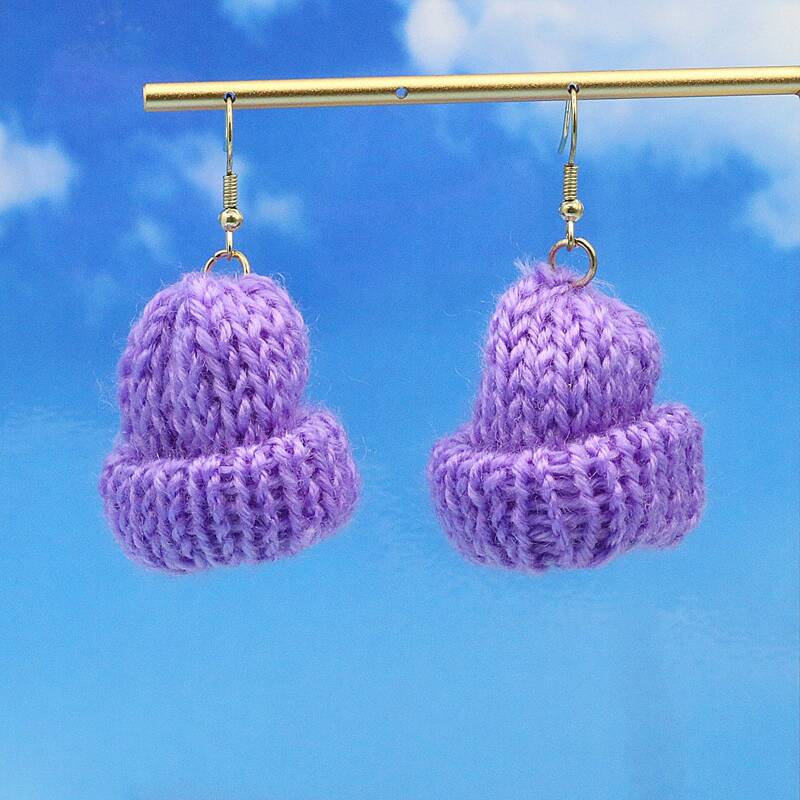 

Knit Beanie Drop Earrings, Purple
