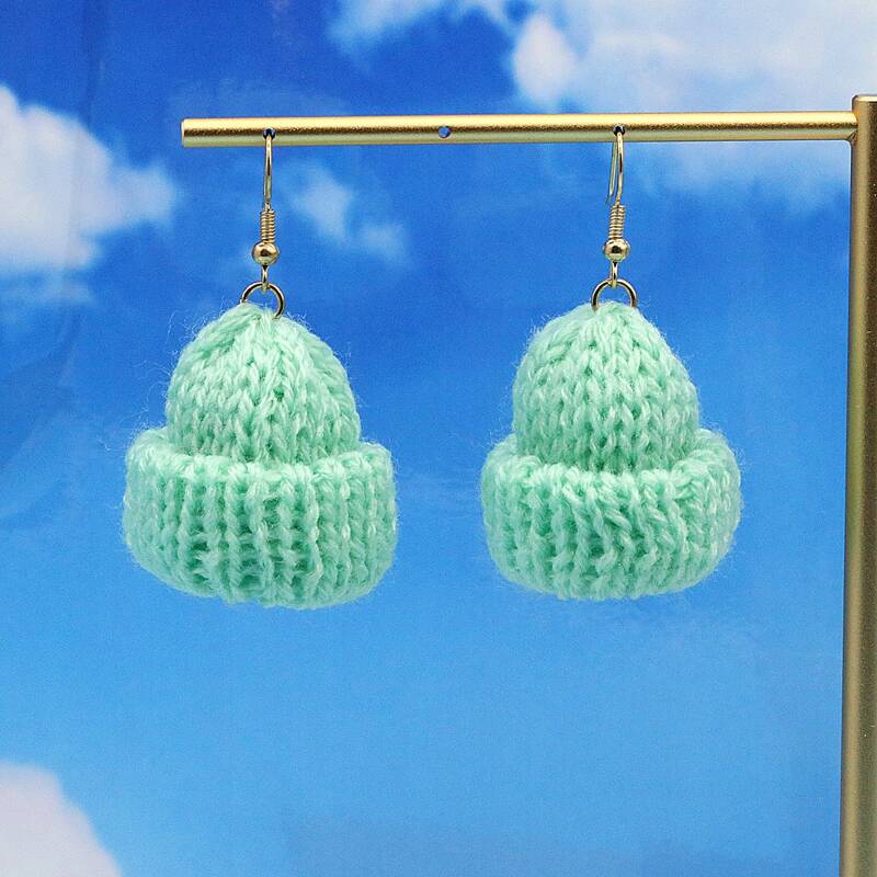 

Knit Beanie Drop Earrings, Mint green