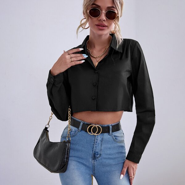 

Solid Button Front Crop Blouse, Black