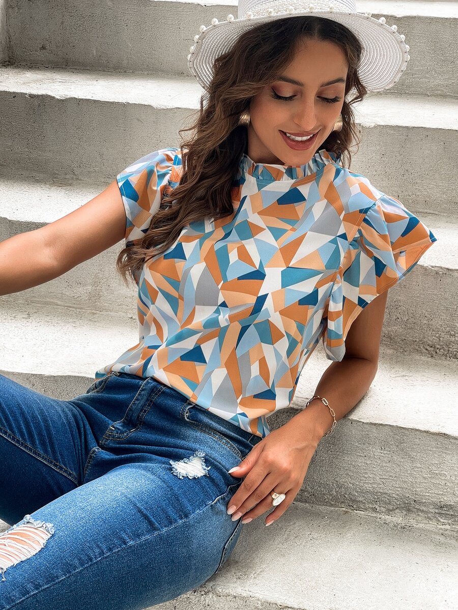 SHEIN LUNE Blusa con estampado geométrico de cuello alto de espalda con abertura de ojo - Multicolor - Ver 1