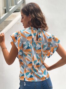 SHEIN LUNE Blusa con estampado geométrico de cuello alto de espalda con abertura de ojo - Multicolor - Ver 2